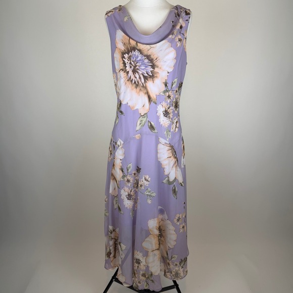 Roz & Ali Dresses & Skirts - Roz & Ali Purple Floral Sleeveless Cowl Neck Midi Dress Size 14 Fairy Whimsy Y2K